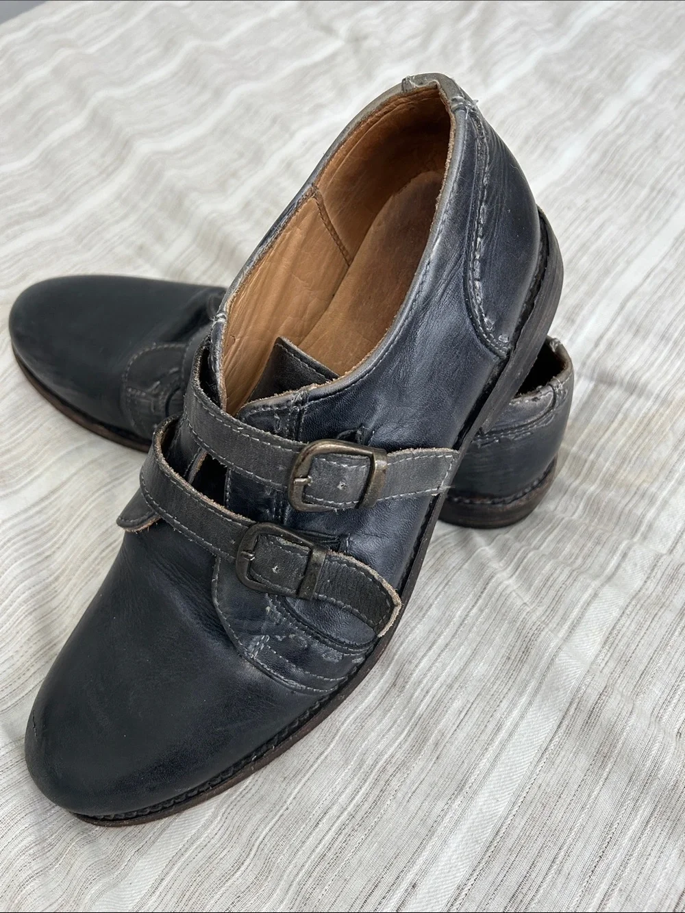 BED|STU Black Leather distressed-look Double-Strap Buckle Loafers